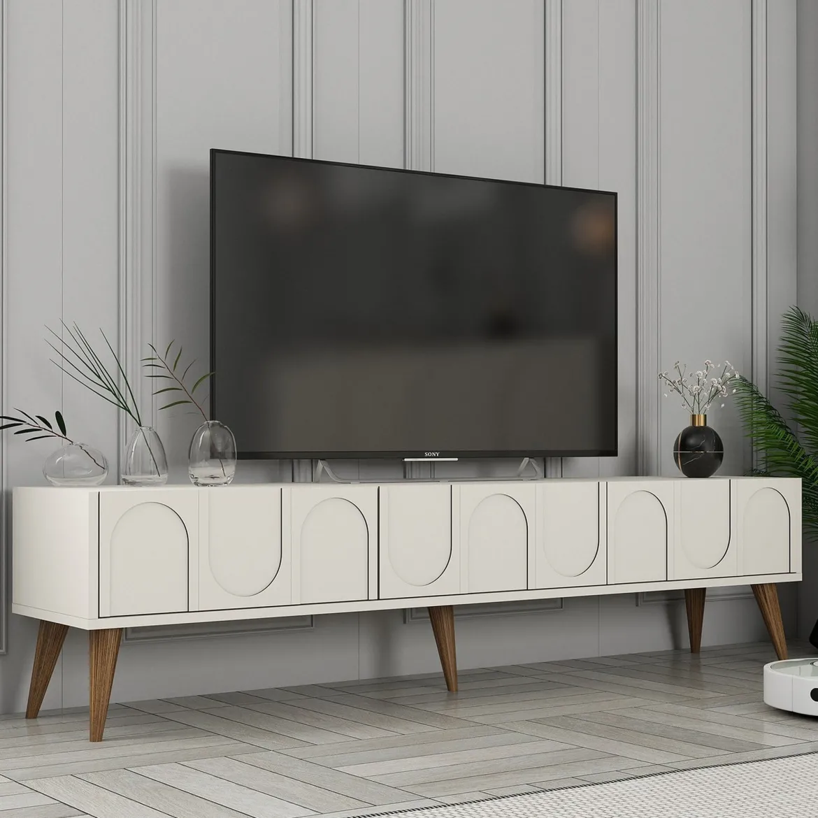 Mobile Porta tv Bianco Crema Marrone Rovere 2 Ripiani 2 Ante 180x47x35h cm, 4 Vani - Cantoira