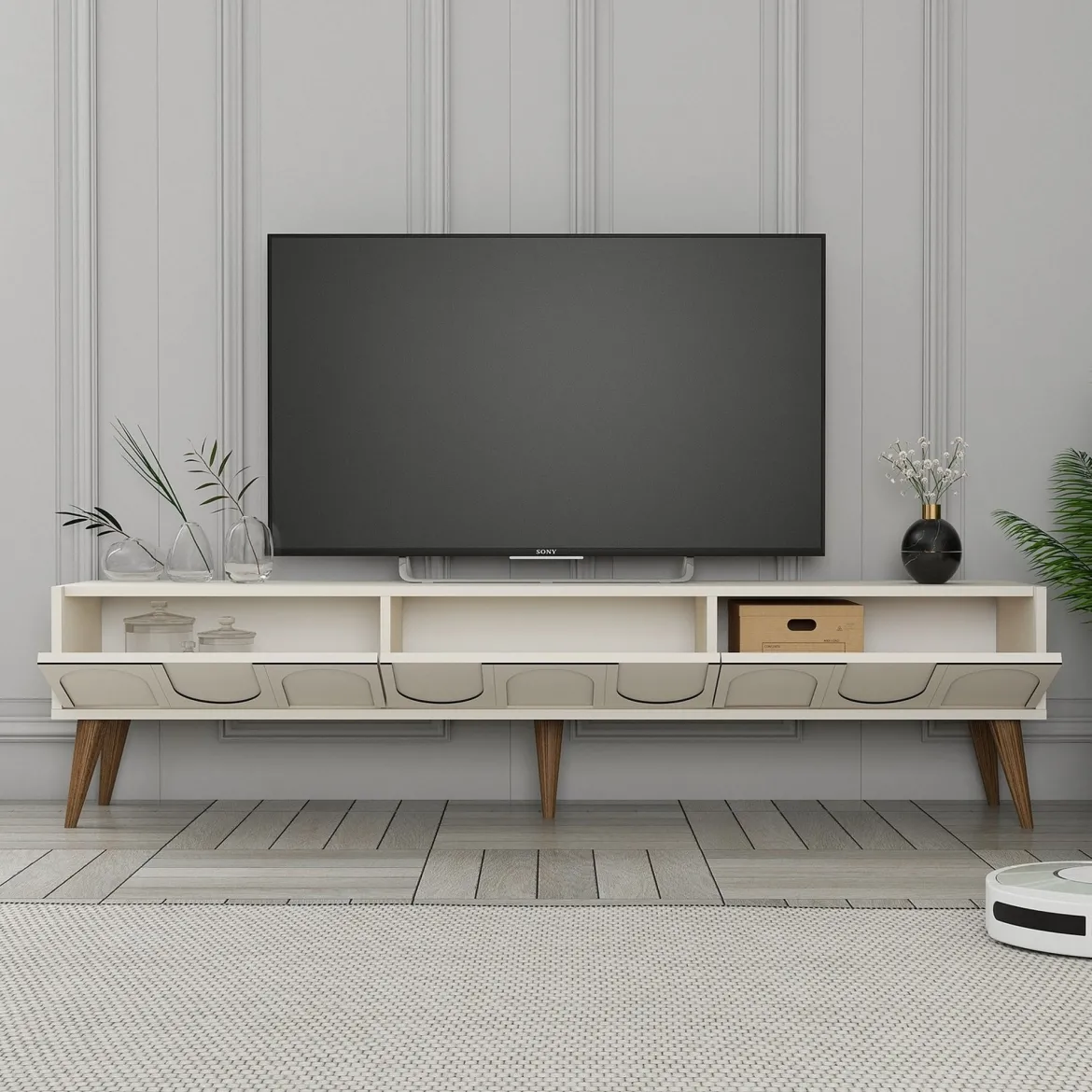 Mobile Porta tv Bianco Crema Marrone Rovere 2 Ripiani 2 Ante 180x47x35h cm, 4 Vani - Cantoira