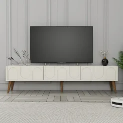 Mobile Porta tv Bianco Crema Marrone Rovere 2 Ripiani 2 Ante 180x47x35h cm, 4 Vani - Cantoira