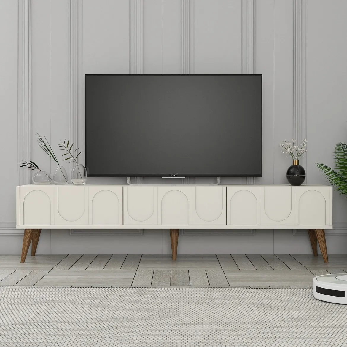 Mobile Porta tv Bianco Crema Marrone Rovere 2 Ripiani 2 Ante 180x47x35h cm, 4 Vani - Cantoira