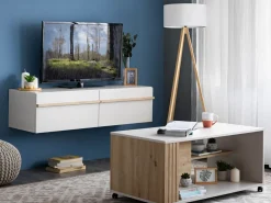 Mobile Porta tv Bianco Crema Marrone Rovere un Ripiano 2 Vani 128x41.5x32h cm, 2 Ante - Sirolo
