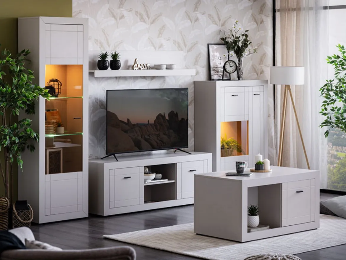 Mobile Porta tv Bianco Crema Nero un Cassetto 2 Ripiani 151x40x52h cm, 2 Ante - Corciano