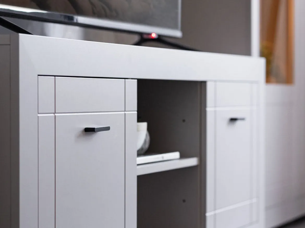 Mobile Porta tv Bianco Crema Nero un Cassetto 2 Ripiani 151x40x52h cm, 2 Ante - Corciano