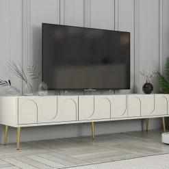 Mobile Porta tv Bianco Crema oro 3 Ante Apertura a Ribalta 180x35x43h cm, 3 Vani - Marnate