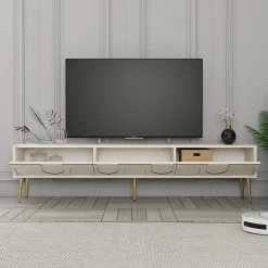 Mobile Porta tv Bianco Crema oro 3 Ante Apertura a Ribalta 180x35x43h cm, 3 Vani - Marnate