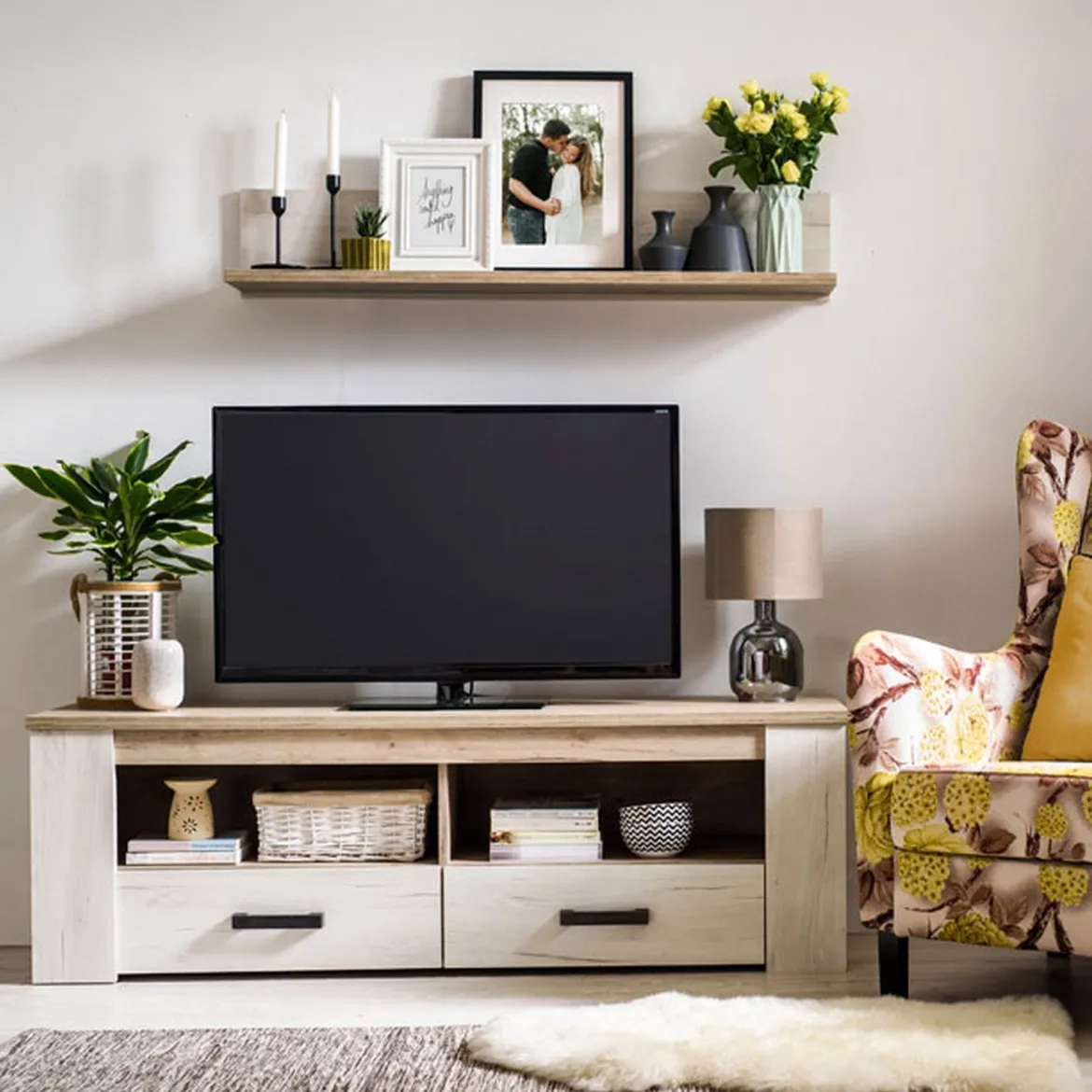 Mobile Porta tv Bianco Larice Marrone Rovere 3 Ripiani 4 Vani 122.5x43.5x49.5h cm, Un'anta - Castalda
