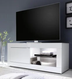 Mobile Porta tv Bianco Lucido 2 Vani Apertura Maniglia 210x43x65h cm, 86 Pollici Made in Italy - Sinello