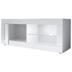 Mobile Porta tv Bianco Lucido 2 Vani Apertura Maniglia 210x43x65h cm, 86 Pollici Made in Italy - Sinello