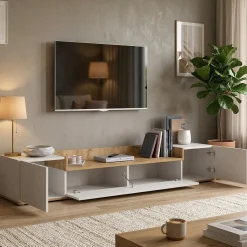 Mobile Porta tv Bianco Lucido Marrone Rovere 3 Ripiani 3 Ante 200x35x30h cm, 4 Vani Made in Italy - Oxanna