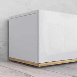Mobile Porta tv Bianco Lucido Marrone Rovere 3 Ripiani 3 Ante 200x35x30h cm, 4 Vani Made in Italy - Oxanna