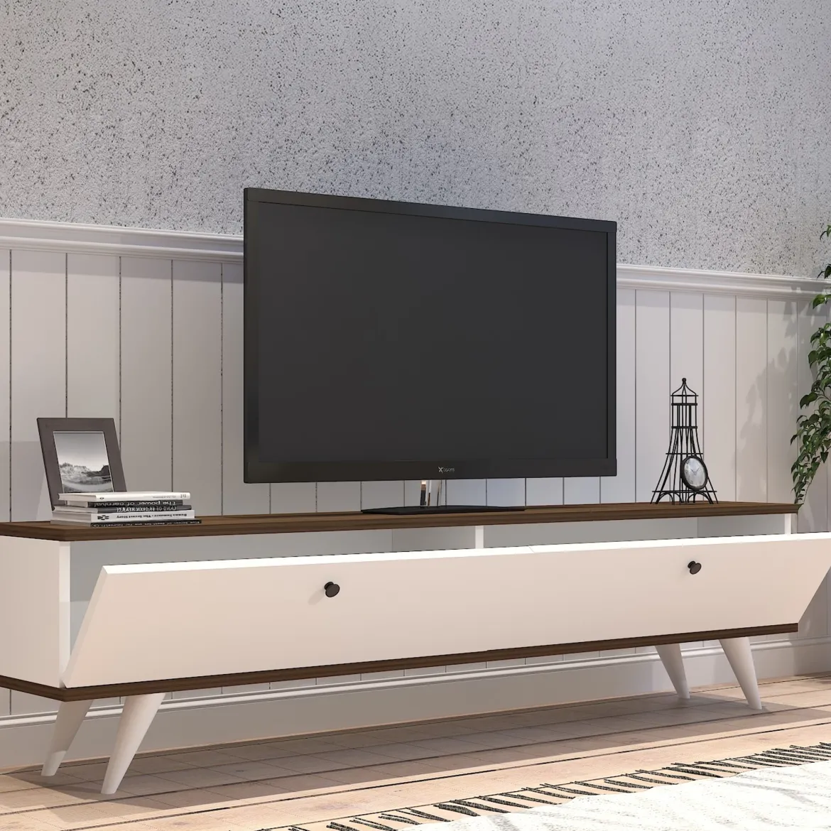 Mobile Porta tv Bianco Marrone Noce 2 Ante 2 Vani 160x25x35h cm, Apertura a Ribalta - Olmedo