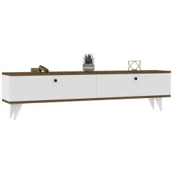 Mobile Porta tv Bianco Marrone Noce 2 Ante 2 Vani 160x25x35h cm, Apertura a Ribalta - Olmedo