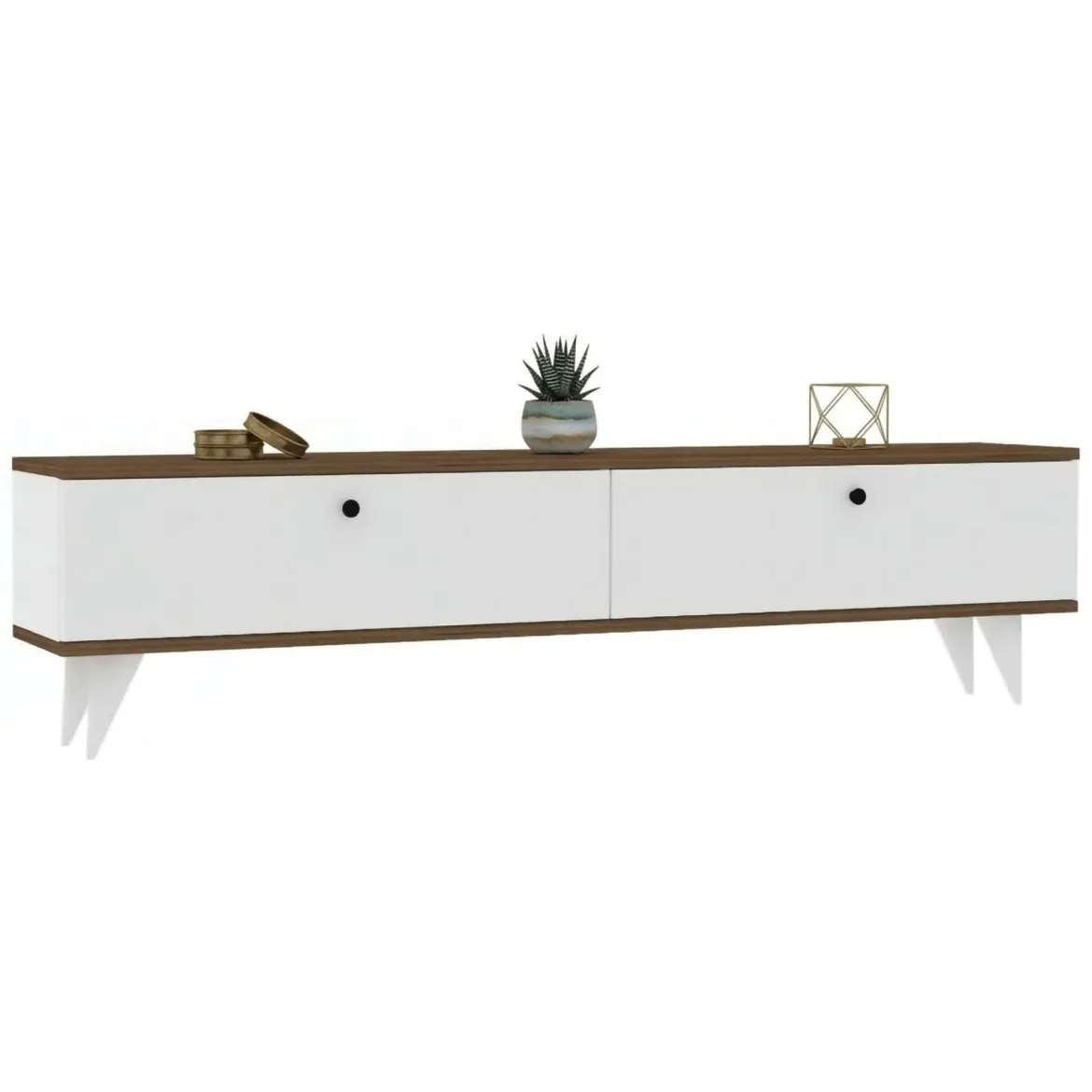 Mobile Porta tv Bianco Marrone Noce 2 Ante 2 Vani 160x25x35h cm, Apertura a Ribalta - Olmedo
