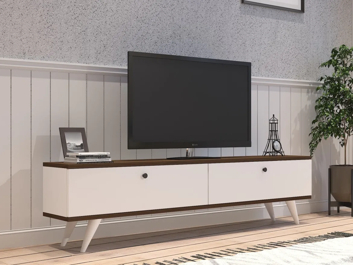 Mobile Porta tv Bianco Marrone Noce 2 Ante 2 Vani 160x25x35h cm, Apertura a Ribalta - Olmedo