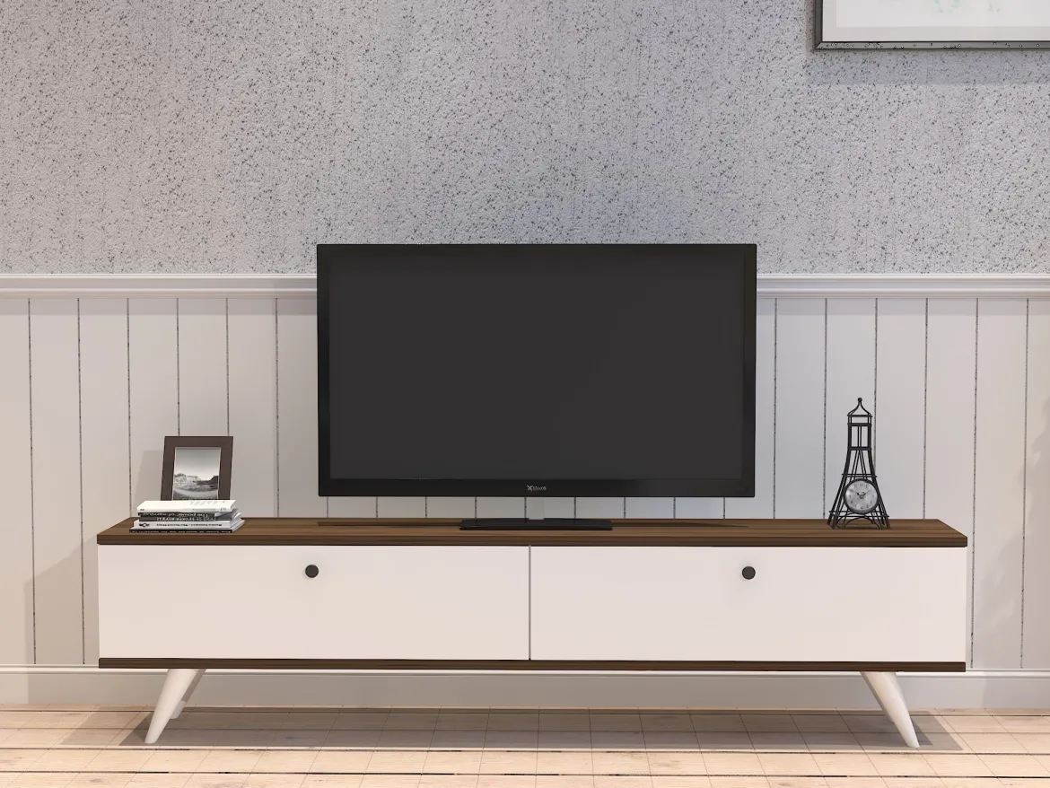 Mobile Porta tv Bianco Marrone Noce 2 Ante 2 Vani 160x25x35h cm, Apertura a Ribalta - Olmedo