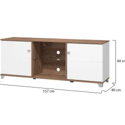Mobile Porta tv Bianco Marrone Noce 4 Ripiani 2 Ante 157x40x59.5h cm, Ripiano in Vetro - Cedegolo