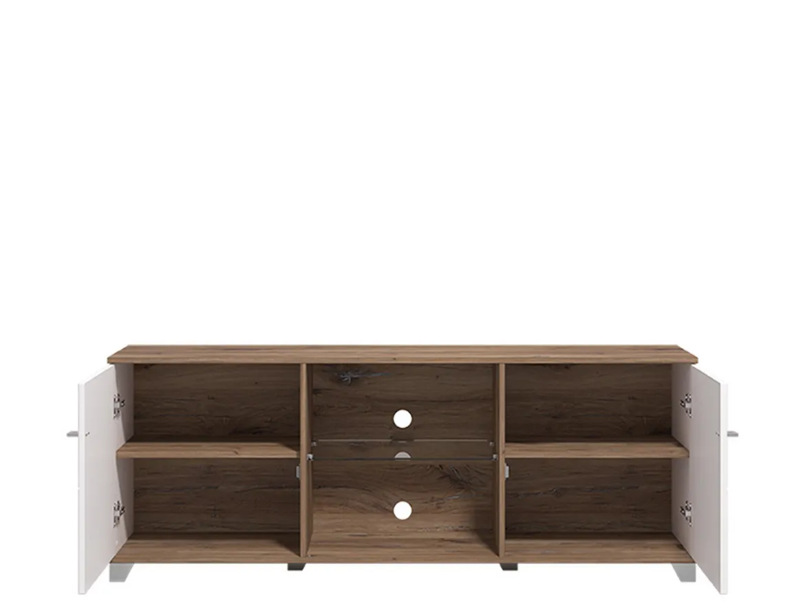Mobile Porta tv Bianco Marrone Noce 4 Ripiani 2 Ante 157x40x59.5h cm, Ripiano in Vetro - Cedegolo