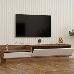 Mobile Porta tv Bianco Marrone Rovere 2 Ante 2 Vani 160x35x35h cm, Apertura a Ribalta - Persico
