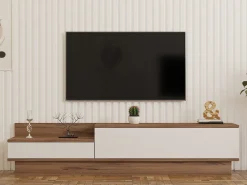 Mobile Porta tv Bianco Marrone Rovere 2 Ante 2 Vani 160x35x35h cm, Apertura a Ribalta - Persico
