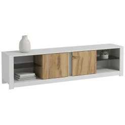 Mobile Porta tv Bianco Marrone Rovere 3 Ante 3 Vani 160x32x35h cm, Apertura a Ribalta - Pianiga