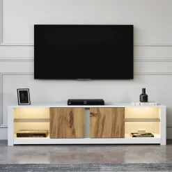 Mobile Porta tv Bianco Marrone Rovere 3 Ante 3 Vani 160x32x35h cm, Apertura a Ribalta - Pianiga
