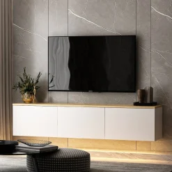 Mobile Porta tv Bianco Marrone Rovere 3 Ripiani Un'anta 30x150x50h cm, con Piedini - Ardmore