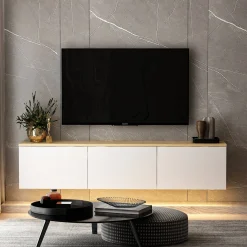Mobile Porta tv Bianco Marrone Rovere 3 Ripiani Un'anta 30x150x50h cm, con Piedini - Ardmore