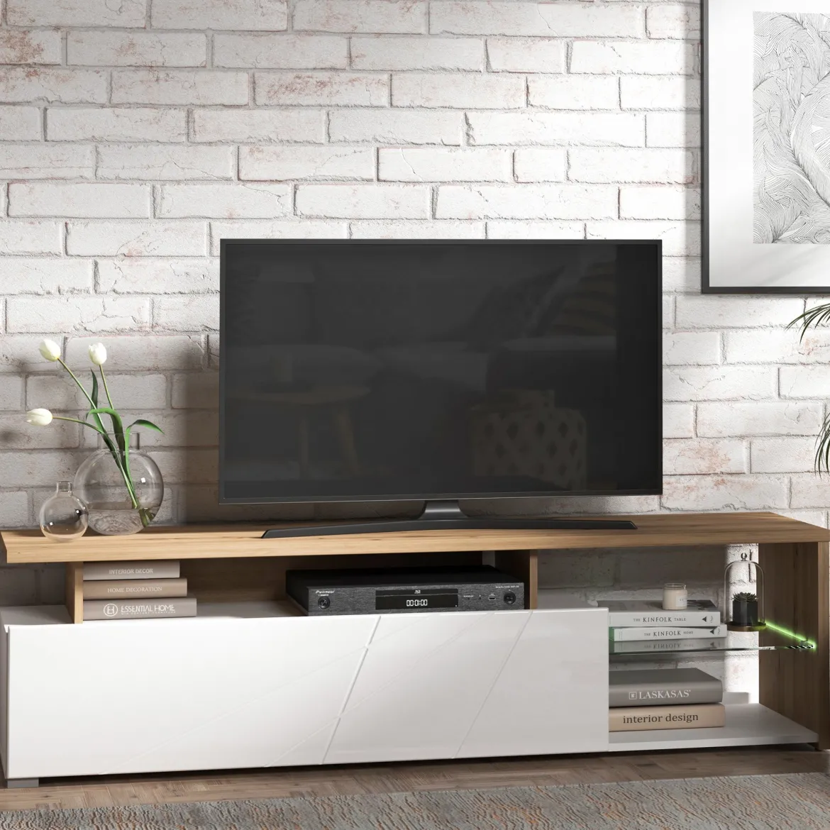 Mobile Porta tv Bianco Marrone Rovere Nodi Cassetti 3 Ripiani 170x41.5x46.5h cm, Un'anta - Induno