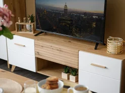Mobile Porta tv Bianco Marrone Rovere Nodi un Cassetto un Ripiano 147.5x41.5x49h cm, 2 Ante - Morengo