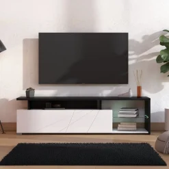 Mobile Porta tv Bianco Nero Antracite 6 Ripiani Un'anta 170x41.5x46.5h cm, Dettaglio Geometrico, Ripiano in Vetro - Induno