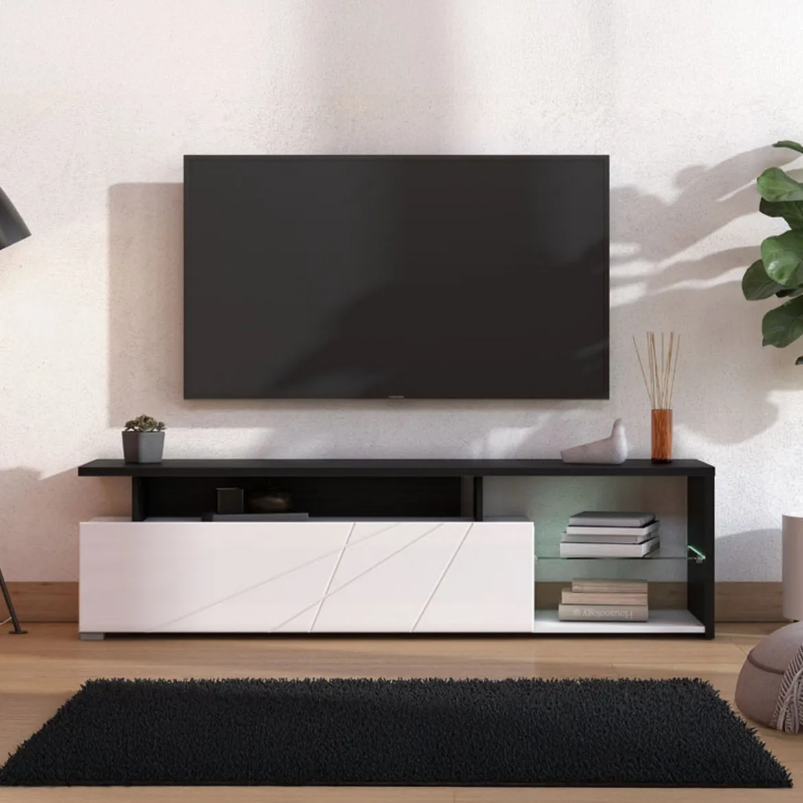 Mobile Porta tv Bianco Nero Antracite 6 Ripiani Un'anta 170x41.5x46.5h cm, Dettaglio Geometrico, Ripiano in Vetro - Induno