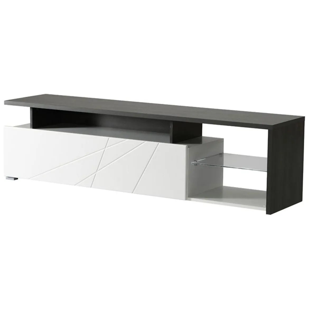 Mobile Porta tv Bianco Nero Antracite 6 Ripiani Un'anta 170x41.5x46.5h cm, Dettaglio Geometrico, Ripiano in Vetro - Induno