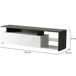 Mobile Porta tv Bianco Nero Antracite 6 Ripiani Un'anta 170x41.5x46.5h cm, Dettaglio Geometrico, Ripiano in Vetro - Induno