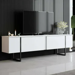 Mobile Porta tv Bianco Nero Cassetti un Ripiano 180x30x50h cm, 2 Ante - Abishia