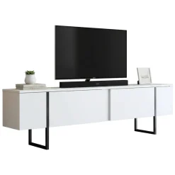 Mobile Porta tv Bianco Nero Cassetti un Ripiano 180x30x50h cm, 2 Ante - Abishia