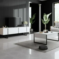 Mobile Porta tv Bianco Nero Cassetti un Ripiano 180x30x50h cm, 2 Ante - Abishia