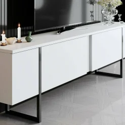 Mobile Porta tv Bianco Nero Cassetti un Ripiano 180x30x50h cm, 2 Ante - Abishia