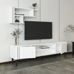 Mobile Porta tv Bianco Nero 3 Ripiani 2 Ante 140x30x45h cm, con Mensola Inclusa - Tusa