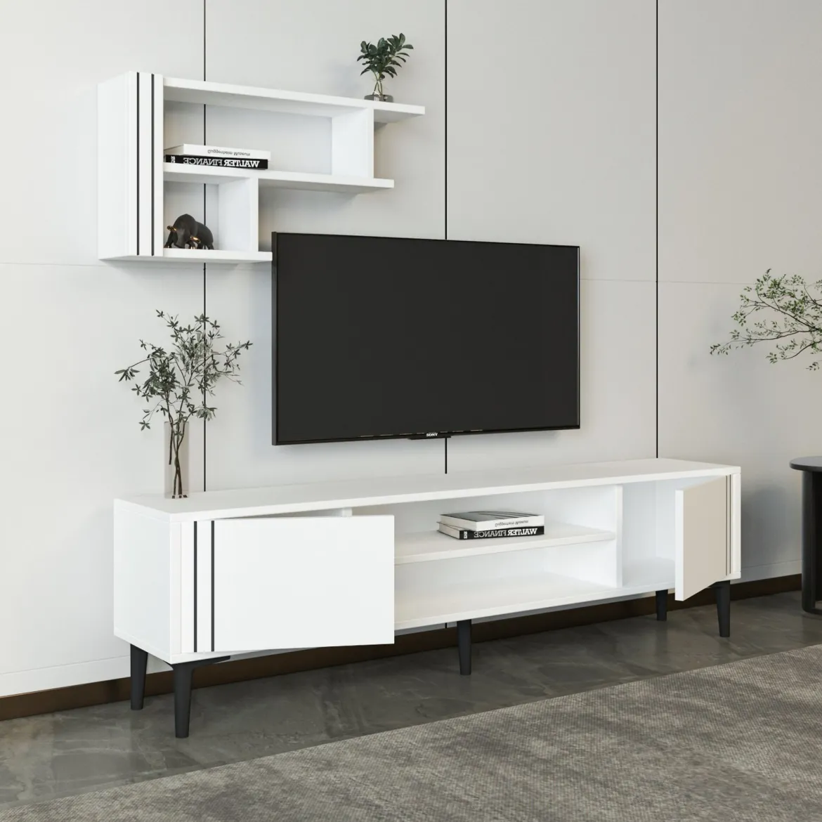 Mobile Porta tv Bianco Nero 3 Ripiani 2 Ante 140x30x45h cm, con Mensola Inclusa - Tusa