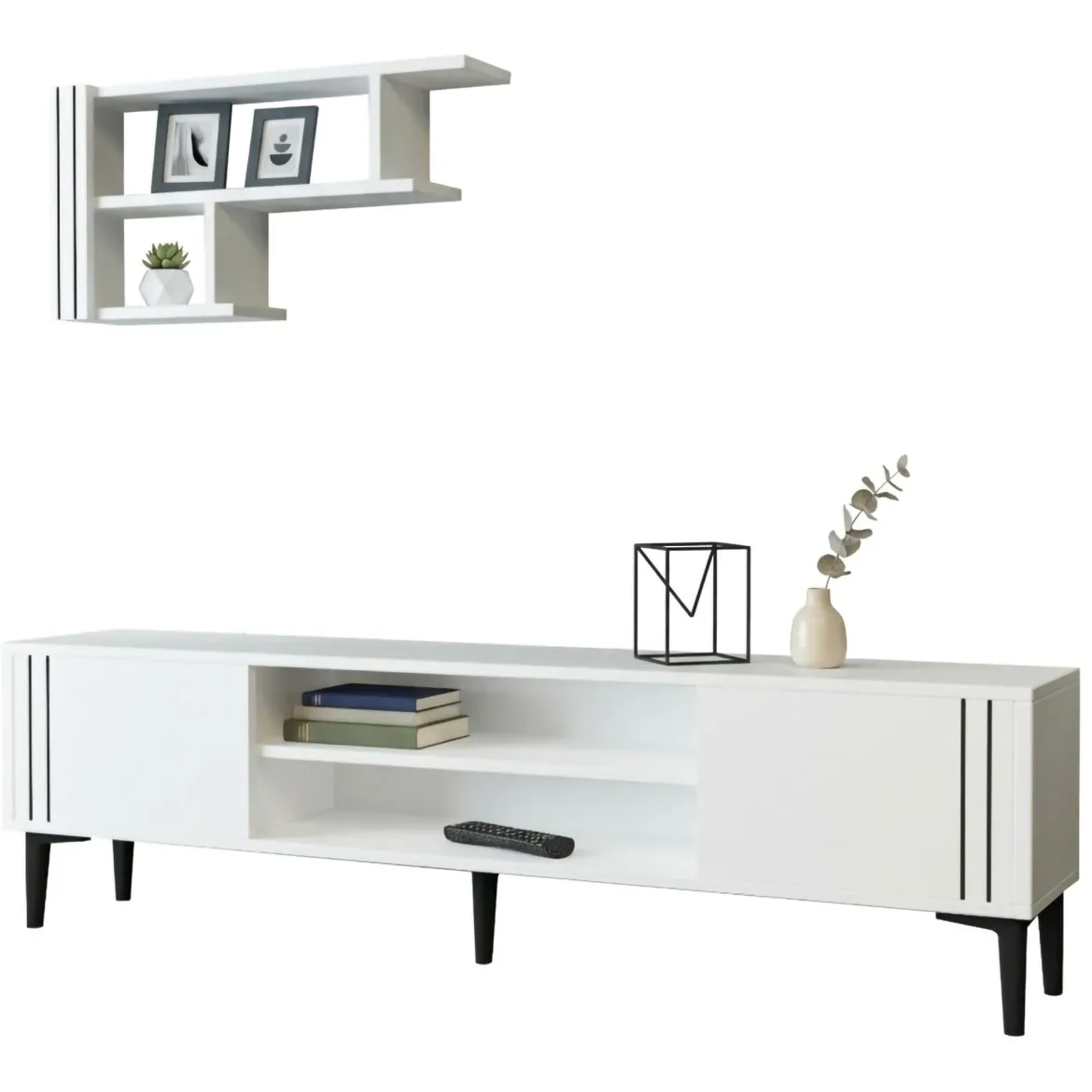 Mobile Porta tv Bianco Nero 3 Ripiani 2 Ante 140x30x45h cm, con Mensola Inclusa - Tusa