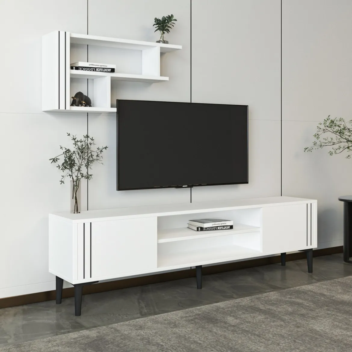 Mobile Porta tv Bianco Nero 3 Ripiani 2 Ante 140x30x45h cm, con Mensola Inclusa - Tusa
