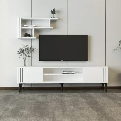 Mobile Porta tv Bianco Nero 3 Ripiani 2 Ante 140x30x45h cm, con Mensola Inclusa - Tusa