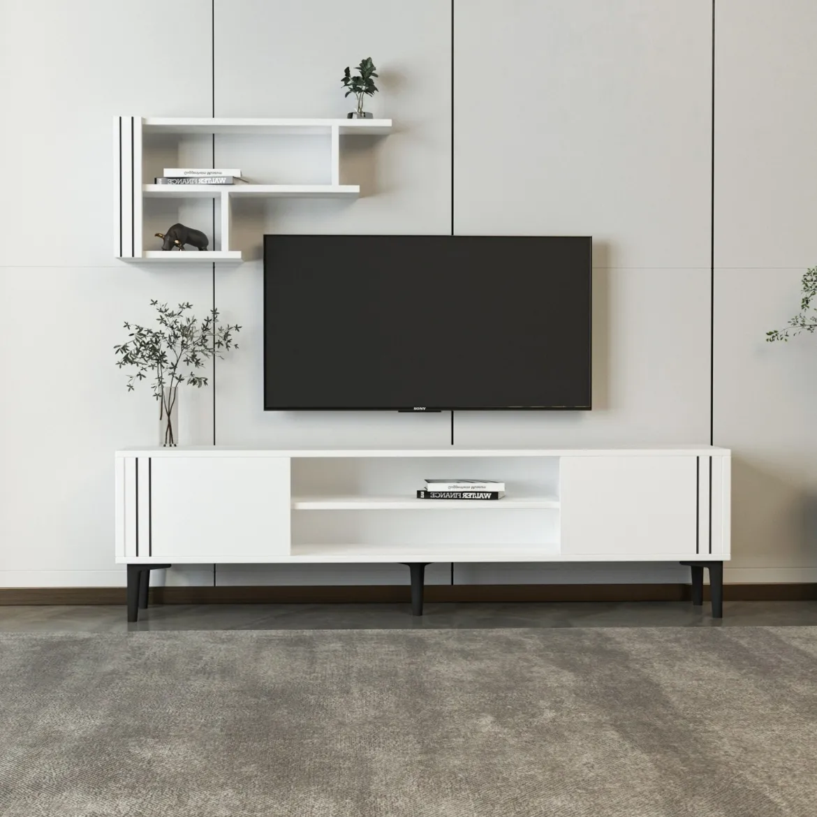 Mobile Porta tv Bianco Nero 3 Ripiani 2 Ante 140x30x45h cm, con Mensola Inclusa - Tusa