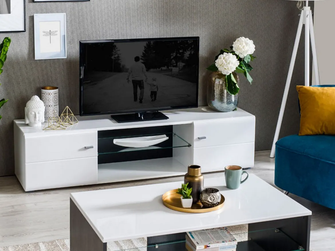 Mobile Porta tv Bianco Nero un Ripiano 2 Ante 170x41.5x41.5h cm, Ripiano in Vetro - Furci