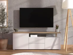 Mobile Porta tv Bianco Opaco Marrone Rovere 2 Cassetti 2 Ripiani 154x40x55.5h cm, Apertura Battente, Scorrevole - Melzo