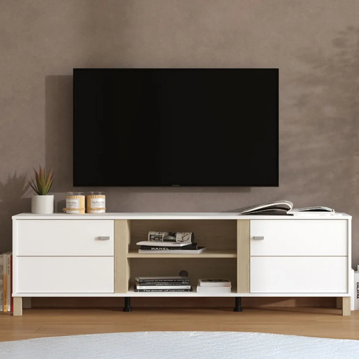 Mobile Porta tv Bianco Opaco Marrone Rovere 3 Cassetti 4 Ripiani 143x40x54h cm, con Piedini - Tiarno