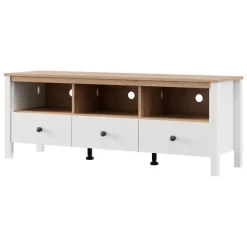 Mobile Porta tv Bianco Opaco Marrone Rovere 3 Cassetti 4 Ripiani 143x40x54h cm, con Piedini - Tiarno