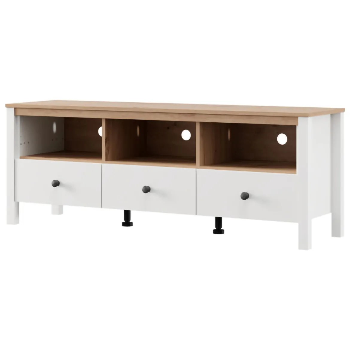 Mobile Porta tv Bianco Opaco Marrone Rovere 3 Cassetti 4 Ripiani 143x40x54h cm, con Piedini - Tiarno