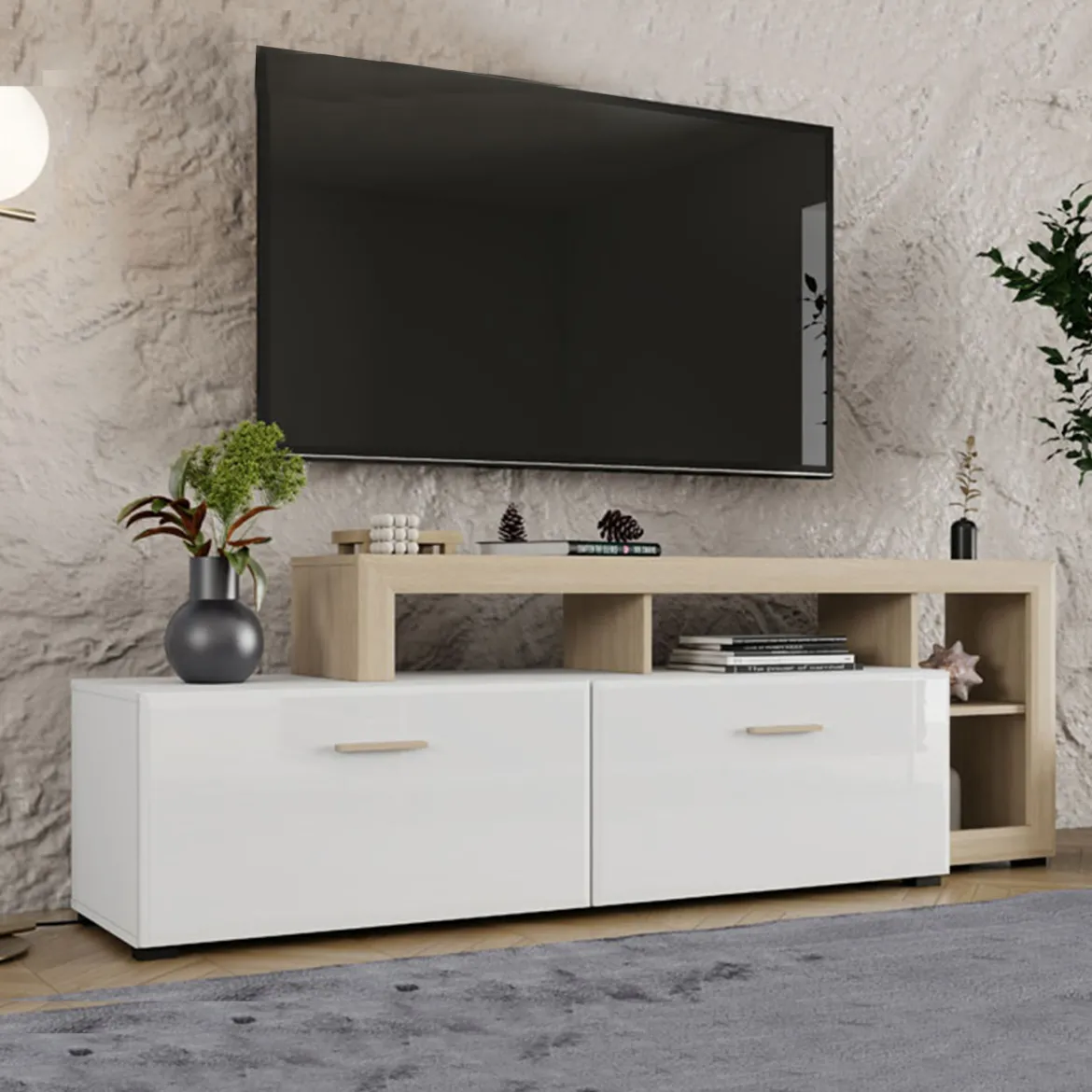 Mobile Porta tv Bianco Opaco Marrone Rovere un Cassetto 2 Ripiani 143x40x53h cm, 2 Ante - Sampe
