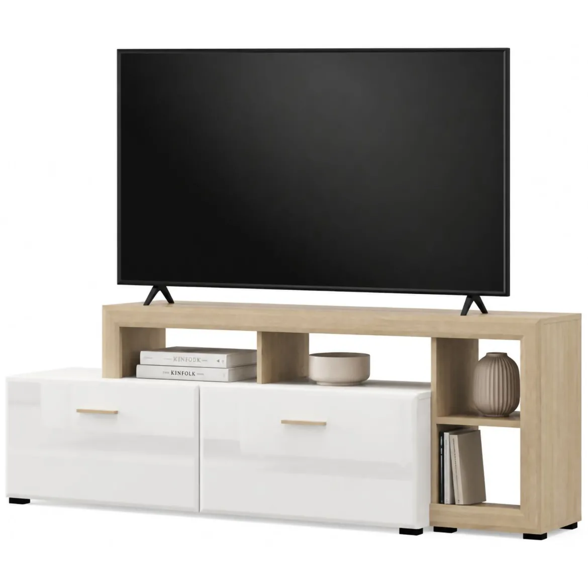 Mobile Porta tv Bianco Opaco Marrone Rovere un Cassetto 2 Ripiani 143x40x53h cm, 2 Ante - Sampe